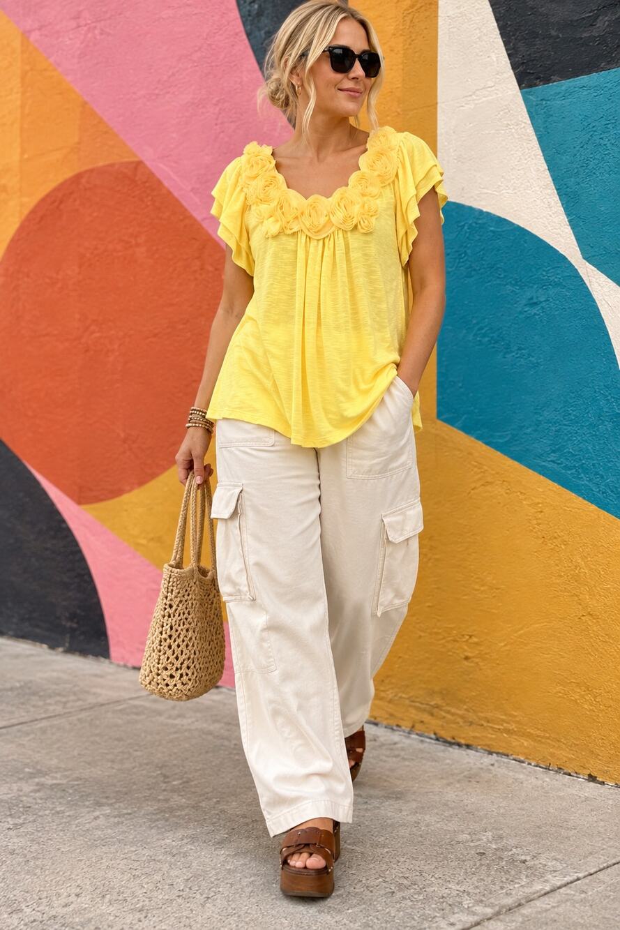 Cato NWT Yellow Rosette Floral Flutter Sleeve Tunic Top Size L
